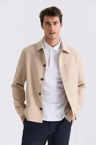 Bej Slim Fit chaqaloq yoqali o‘rta mavsumli palto 