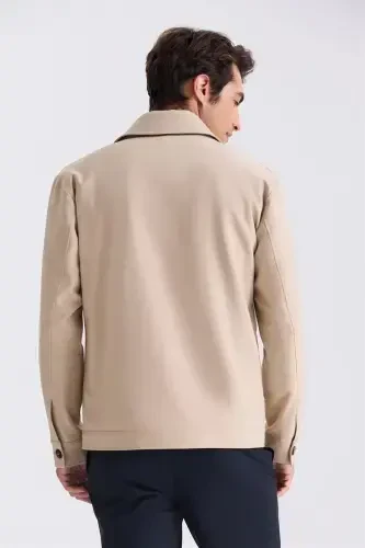 Bej Slim Fit chaqaloq yoqali o‘rta mavsumli palto - 4