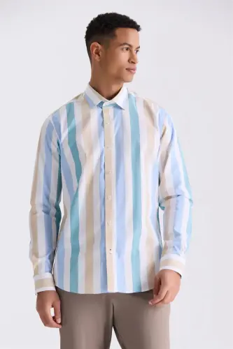 Bej Slim Fit Çizgili %100 Pamuk Gömlek 