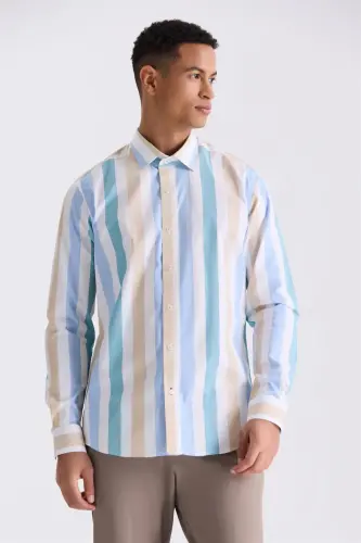 Bej Slim Fit Çizgili %100 Pamuk Gömlek - 1