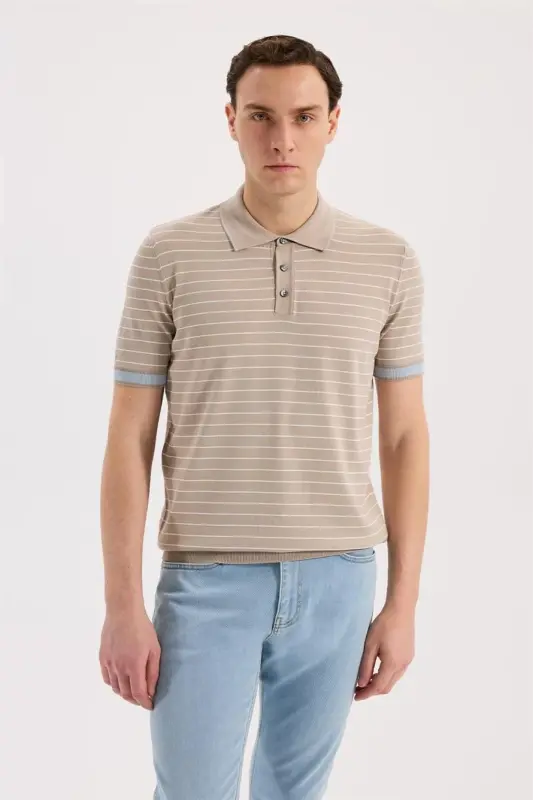 Bej Slim Fit Çizgili Rayon Polo Yaka T-Shirt - 1