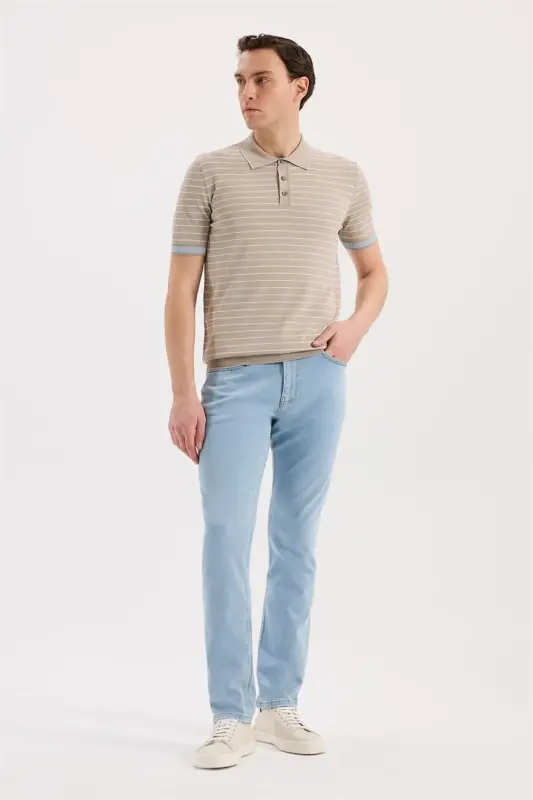 Bej Slim Fit Çizgili Rayon Polo Yaka T-Shirt - 2