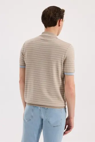 Bej Slim Fit Çizgili Rayon Polo Yaka T-Shirt - 4