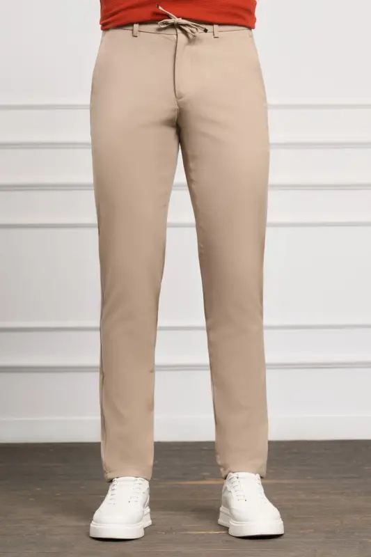Bej Slim Fit Dar Kesim Yan Cep Bağcıklı Jogger Erkek Pantolon - Bej - 1