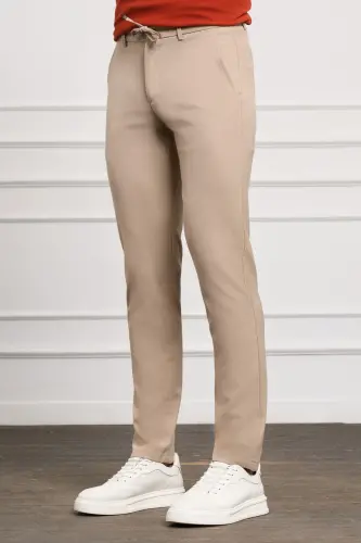 Bej Slim Fit Dar Kesim Yan Cep Bağcıklı Jogger Erkek Pantolon - Bej - 2
