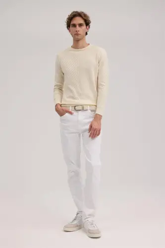 Bej Slim Fit Desenli Bisiklet Yaka Triko - JAKAMEN (1)