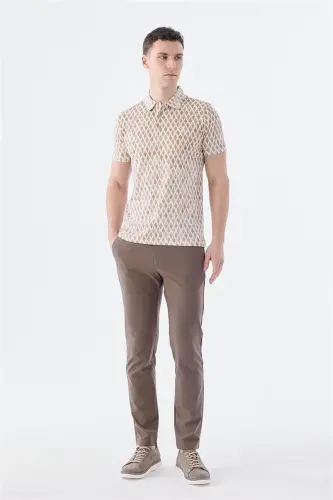 Bej Slim Fit Desenli Polo Yaka T-Shirt - 4