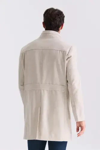 Bej Slim Fit Dik Yaka Balık Sırtı Desenli Yünlü Spor Kaban - 4