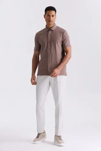 Bej Slim Fit Düğmeli Gömlek Yaka T-Shirt - JAKAMEN (1)