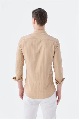 Bej Slim Fit Düğmeli Yaka Keten Karışımlı Desenli Gömlek - 4