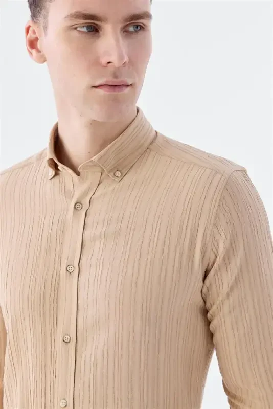 Bej Slim Fit Düğmeli Yaka Keten Karışımlı Desenli Gömlek - 3