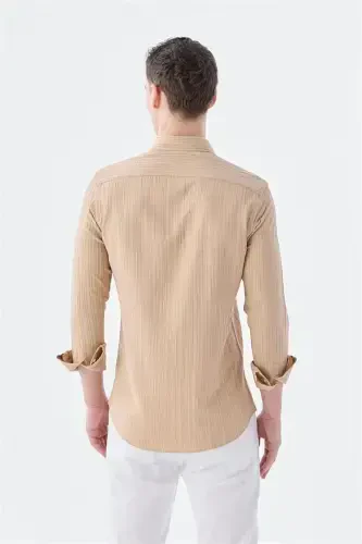 Bej Slim Fit Düğmeli Yaka Keten Karışımlı Desenli Gömlek - 4