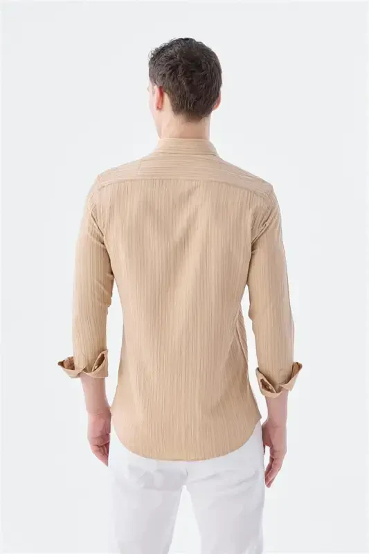 Bej Slim Fit Düğmeli Yaka Keten Karışımlı Desenli Gömlek - 4