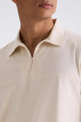 Bej Slim Fit Fermuarlı Polo Yaka T-Shirt - 3