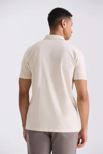 Bej Slim Fit Fermuarlı Polo Yaka T-Shirt - 4