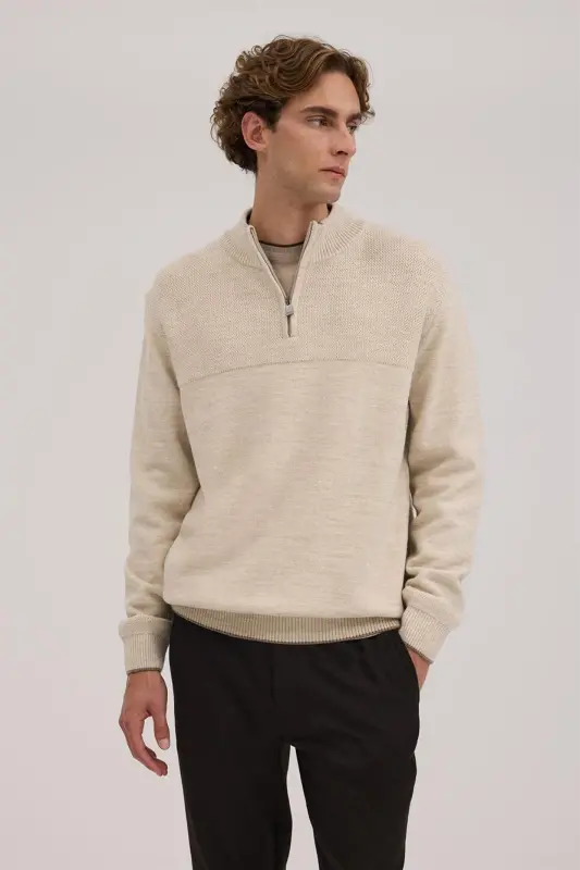 Bej Slim Fit Fermuarlı Triko Kazak - JAKAMEN