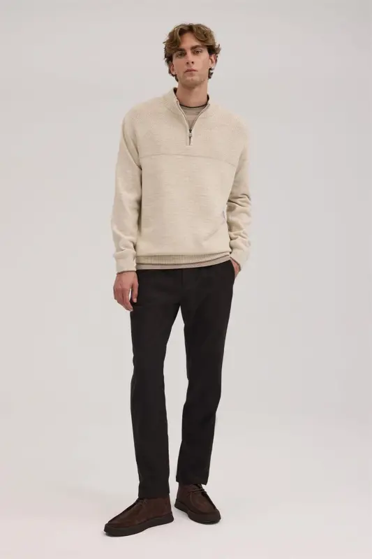 Bej Slim Fit Fermuarlı Triko Kazak - 2