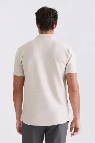 Bej Slim Fit Gömlek Yaka Düğme Detaylı T-Shirt - 3