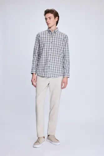 Bej Slim Fit Kareli Düğmeli Yaka Uzun Kollu Pamuklu Gömlek - Bej - Hatemoğlu (1)