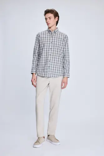 Bej Slim Fit Kareli Düğmeli Yaka Uzun Kollu Pamuklu Gömlek - Bej - Hatemoğlu (1)