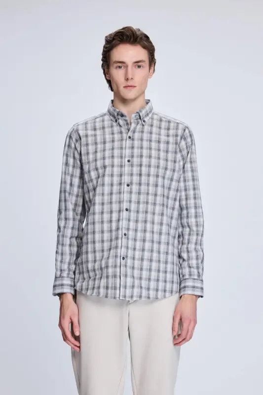 Bej Slim Fit Katak tugmali yoqali uzun yengli paxta - 1