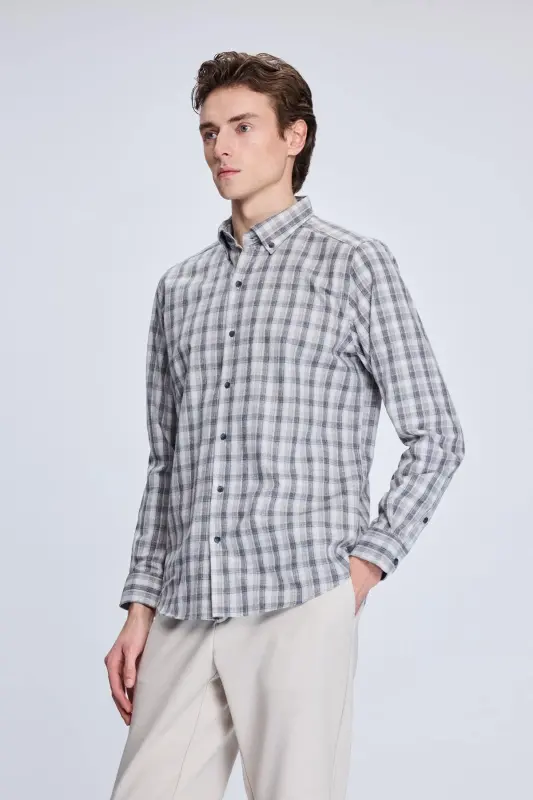 Bej Slim Fit Katak tugmali yoqali uzun yengli paxta - 3