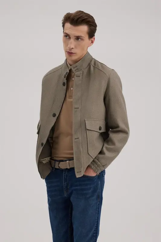 Bej Slim Fit Mono Yaka Cepli Ceket Görünümlü Mont - 2