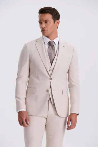 Bej Slim Fit Mono Yaka Çift Yırtmaçlı Yelekli Takım Elbise - JAKAMEN (1)