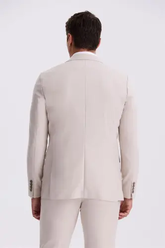 Bej Slim Fit Mono Yoqa Qo'sh Yoriqli Nimchali Kostyum - 4