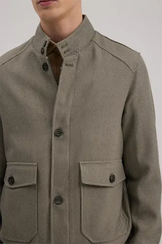 Bej Slim Fit Mono Yoqali Cho'ntakli Kurtka Ko'rinishidagi Palto - 3