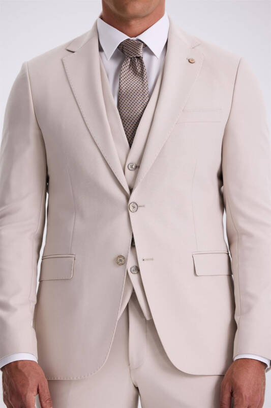 Bej Slim Fit Mono Yoqali Ikkita Yirtikli Jiletli Kostyum - 3