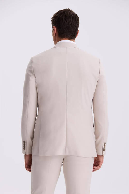 Bej Slim Fit Mono Yoqali Ikkita Yirtikli Jiletli Kostyum - 4
