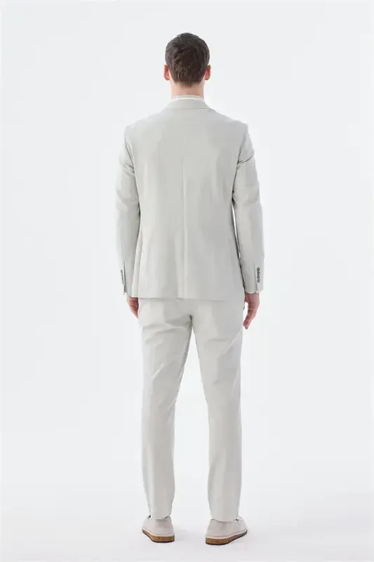 Bej Slim Fit Mono Yoqali Kostyum - 4