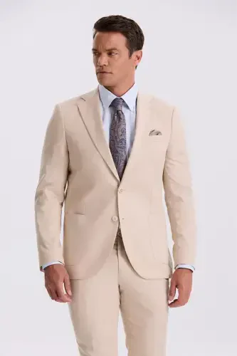 Bej Slim Fit Mono Yoqali Tencel Matodan Ikki Yirtigli Cho'ntakli Kostyum - 2