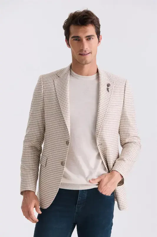 Bej Slim Fit naqshli Mono yoqa yozgi sport kurtkasi - 1