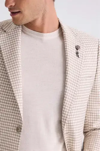 Bej Slim Fit Naqshli Mono Yoqali Yozgi Sport Kurtkasi - Modazone (1)