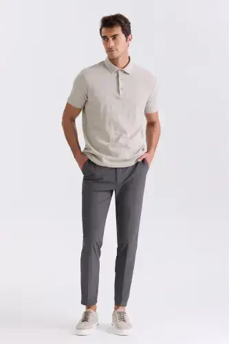 Bej Slim Fit Naqshli Polo Yaxali Futbolka - 2