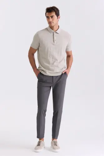 Bej Slim Fit Naqshli Polo Yaxali Futbolka - JAKAMEN (1)