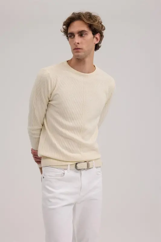 Bej Slim Fit naqshli Velosiped yoqali triko - 1