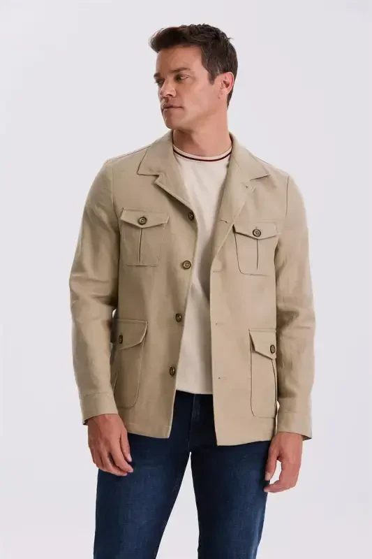 Bej Slim Fit Paxta va zig‘ir matosidan tayyorlangan mavsumiy safari ko‘ylagi - 2