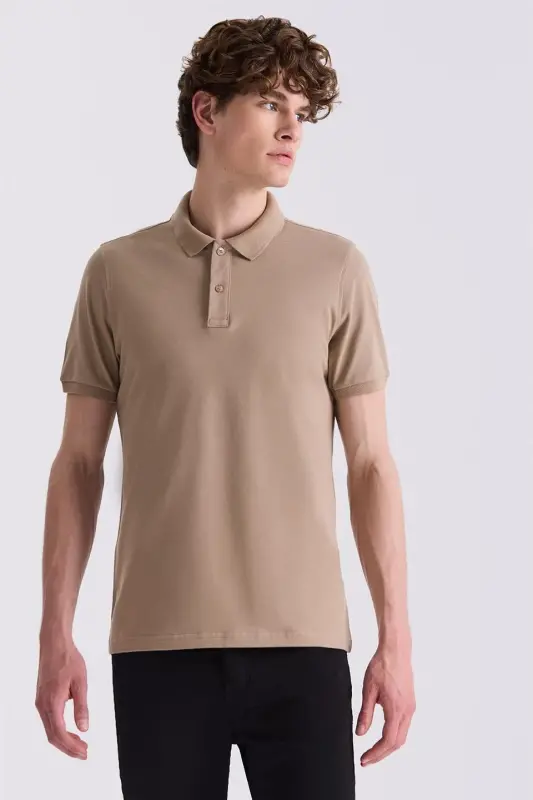 Bej Slim Fit Polo Y воротникли футболка - 2