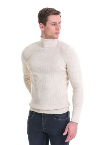 Bej Slim Fit Qovurgali Baliqchi Yoqa Junli Trikotaj Sviter - Bej - 4
