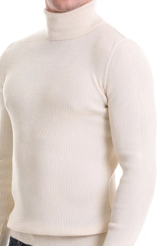 Bej Slim Fit Qovurgali Baliqchi Yoqa Junli Trikotaj Sviter - Bej - 5