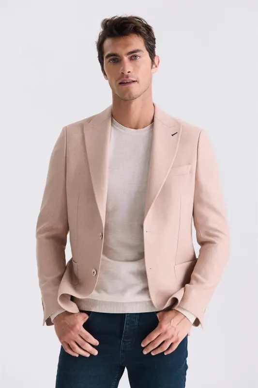 Bej Slim Fit Sivri Yaka Yazlık Spor Ceket - JAKAMEN