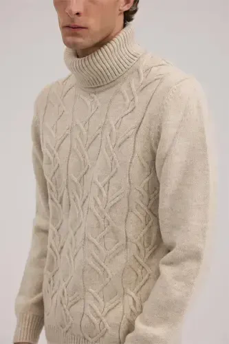 Bej Slim Fit Tam Balıkçı Yaka Triko Kazak - 3