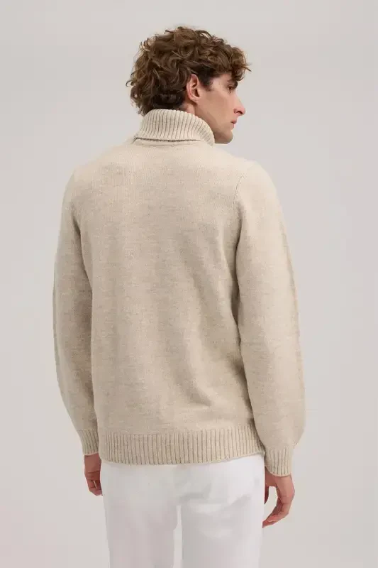 Bej Slim Fit Tam Balıkçı Yaka Triko Kazak - 4