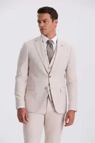 Bej Slim Fit Mono Yaka Çift Yırtmaçlı Yelekli Takım Elbise - Modazone (1)