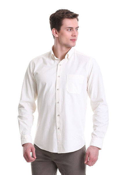 Bej Slim Fit Toʻgʻri 100% Paxta Tugmali Yoqali Uzun Qoʻl - 3