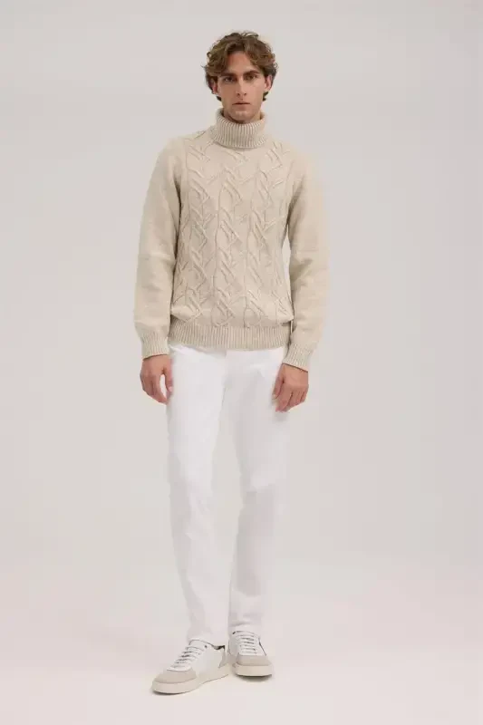 Bej Slim Fit Toʻliq Balıqchi Yoqa Triko Kazak - 2