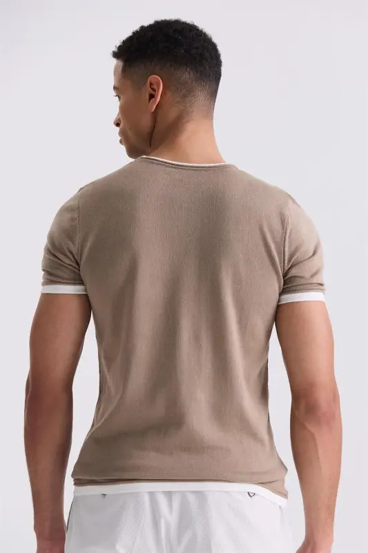 Bej Slim Fit Triko Bisiklet Yaka T-Shirt - JAKAMEN